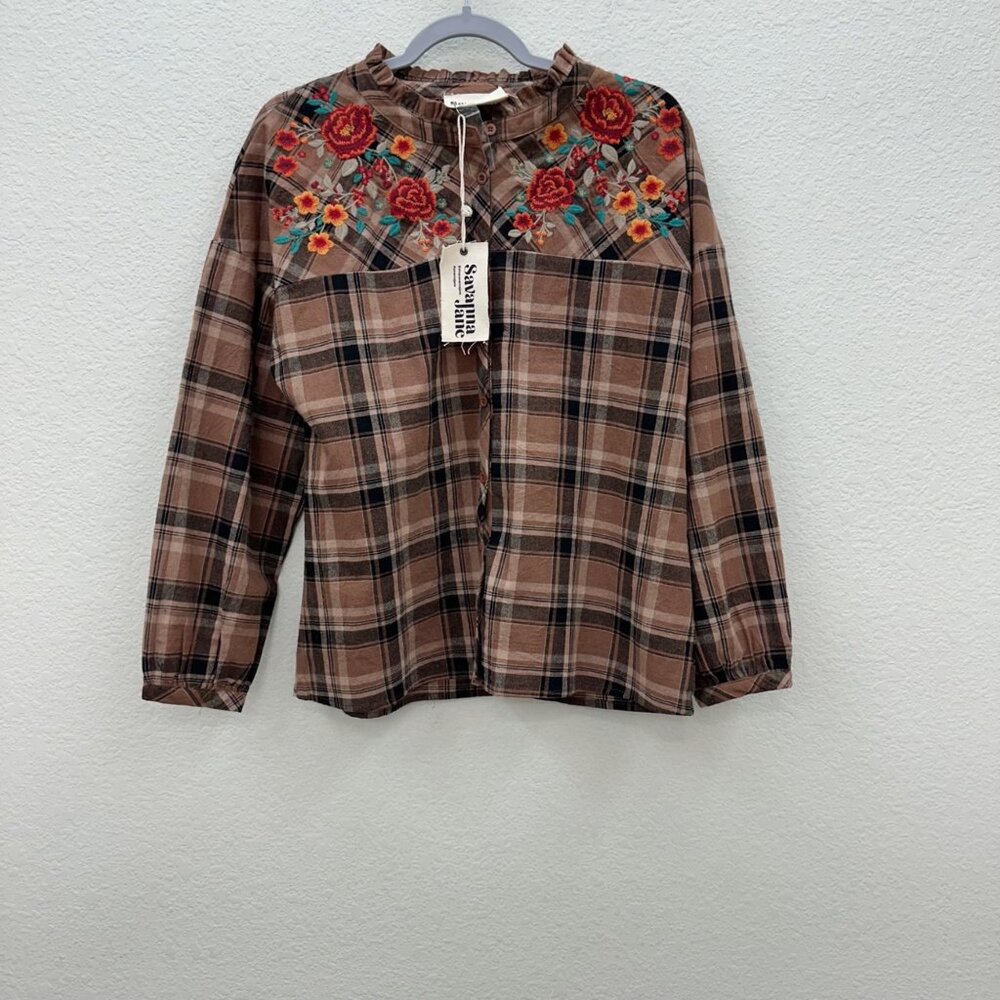 Savanna Jane Brown Plaid Floral Embroidered Button Up Shirt Top Womens Small NEW